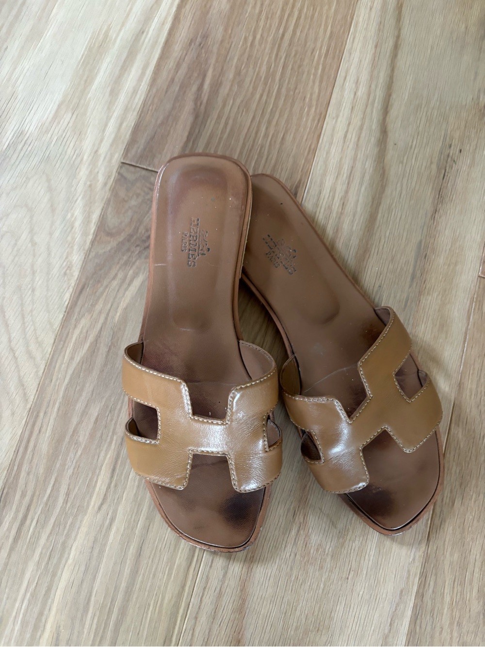 Hermes Tan Brown H-Cut Leather Slide Sandals - Picture 2 of 5